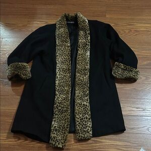 70s Vintae Donny Brooks USA Union Made Wool Black Coat & Faux Cheetah Lined 12